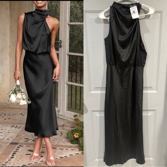 Dresses & Skirts - Satin High-Neck Black Midi Dress